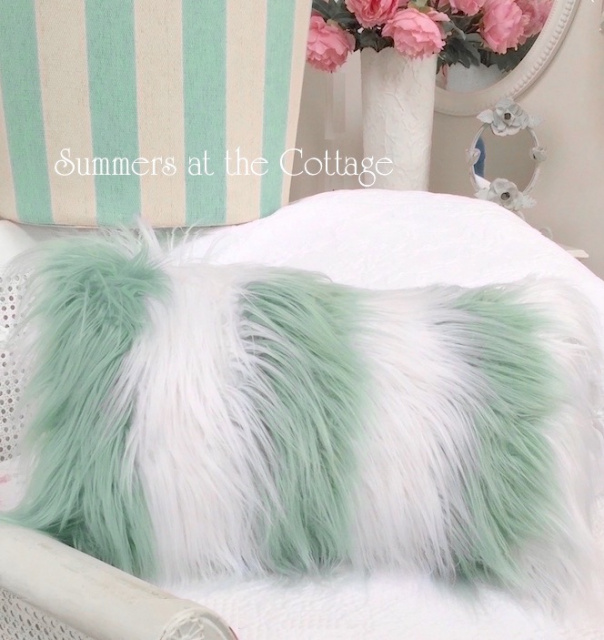 BEACH CHIC LIGHT BREEZY CABANA STRIPE FLUFFY FUR PILLOW